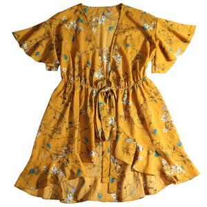 Unbranded Women's Yellow Floral Wrap Dress/Kimono S/M Small/Medium